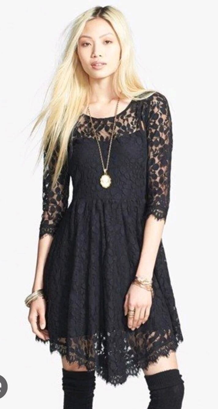 Free People Asymmetrical Boho Black Lace Overlay Long Sleeve Mini Dress Small